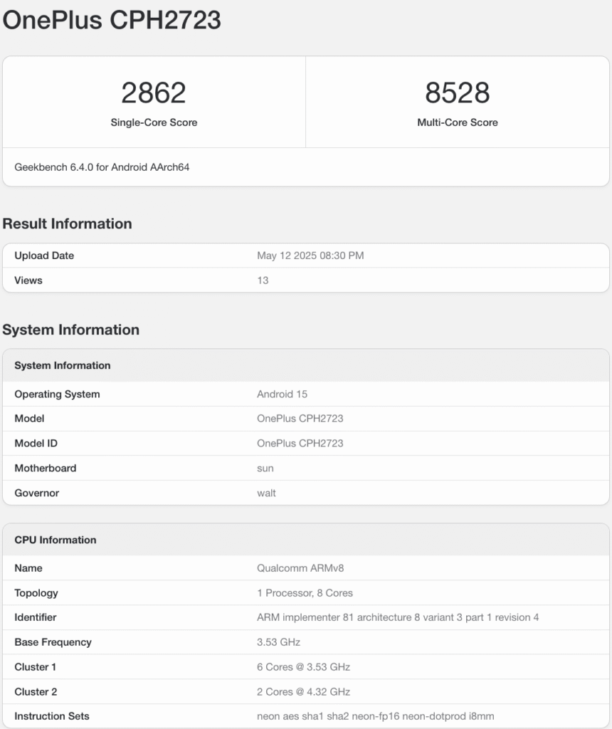 OnePlus 13s leak benchmark snapshoot.